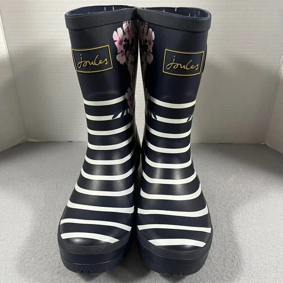 Joules Molly Welly Rain Boots Navy White Stripe Floral Buckle Women US 7 EU 38 - Picture 2 of 12